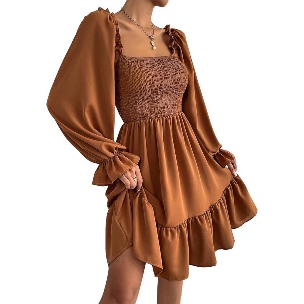 Rust Lantern Sleeved Flowy Smocked Peasant Dress Sz XL Boho/Western/Autumn